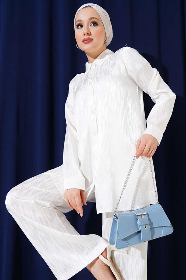 Patterned Jacquard Tunic 2 Piece Set White
