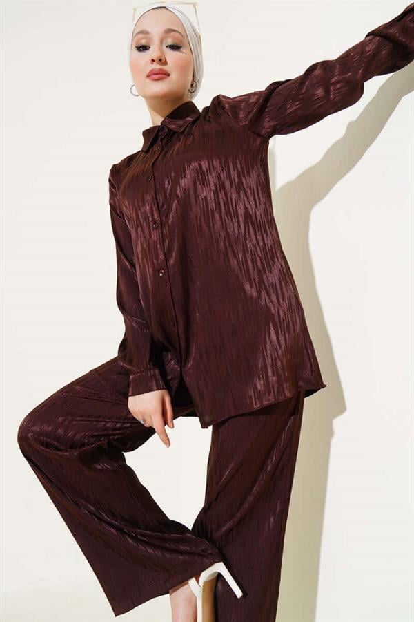 Patterned Jacquard Tunic 2 Piece Set Brown