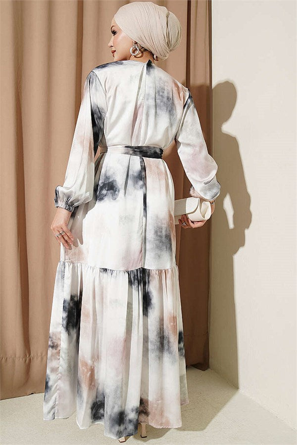Patterned Layered Detail Satin Dress, Ecru