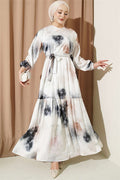 Patterned Layered Detail Satin Dress, Ecru