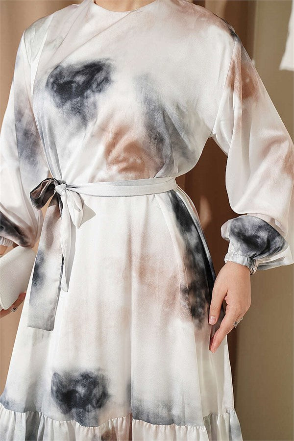 Patterned Layered Detail Satin Dress, Ecru