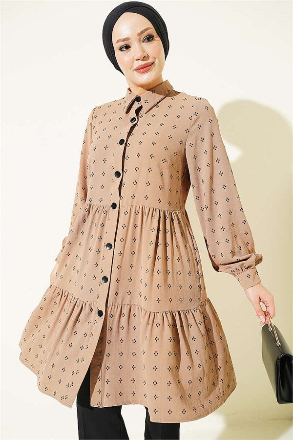 Patterned Layered Tunic, Beige