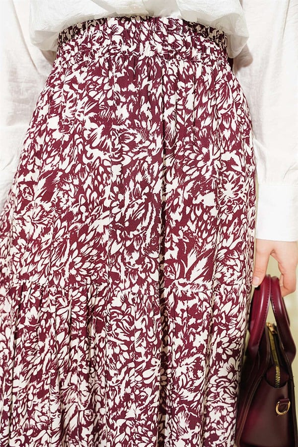 Patterned Layered Viscose Skirt, Burgundy