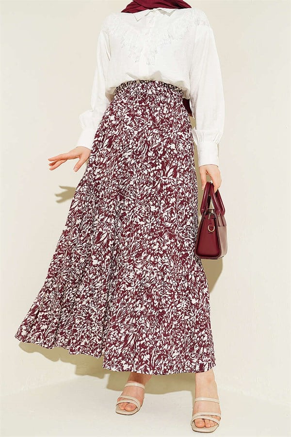 Patterned Layered Viscose Skirt, Burgundy