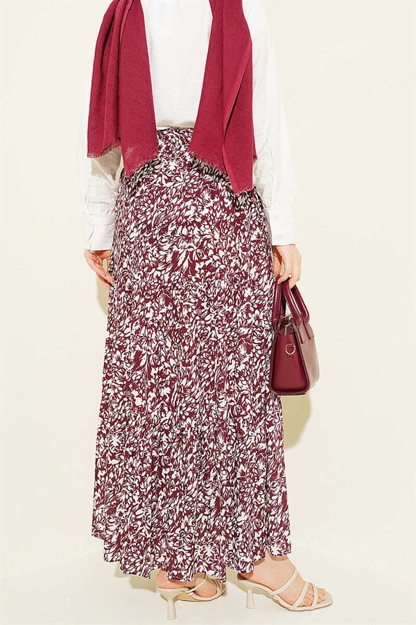Patterned Layered Viscose Skirt, Burgundy