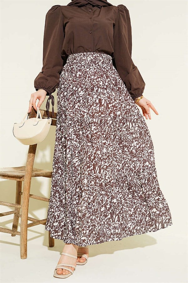 Patterned Layered Viscose Skirt, Brown