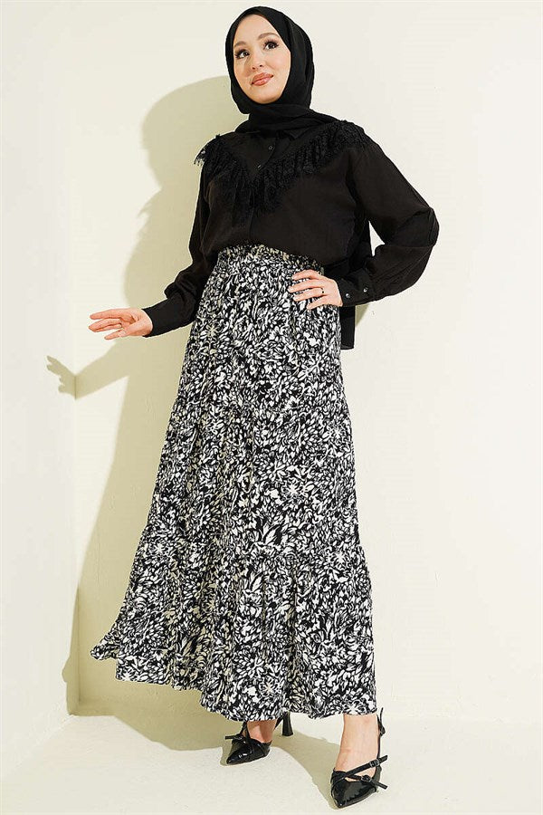 Patterned Layered Viscose Skirt Black