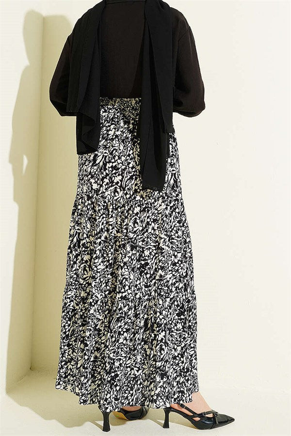 Patterned Layered Viscose Skirt Black