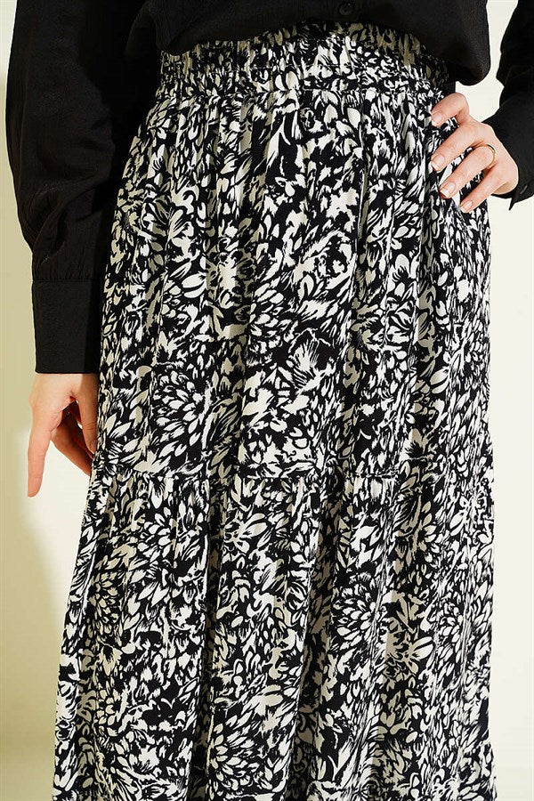 Patterned Layered Viscose Skirt Black