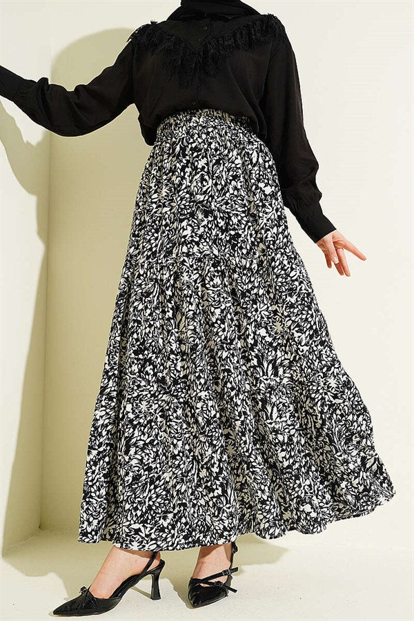 Patterned Layered Viscose Skirt Black