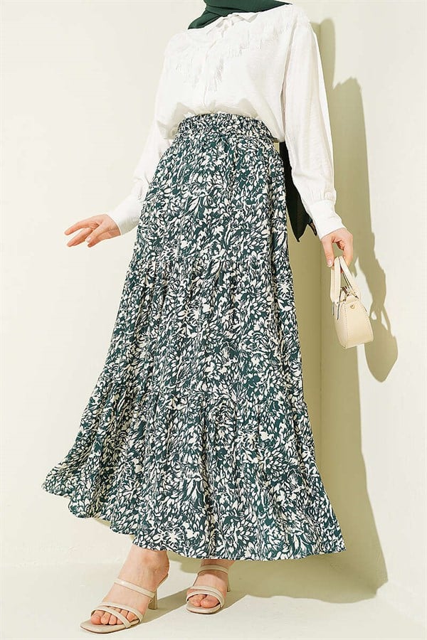 Patterned Layered Viscose Skirt Green