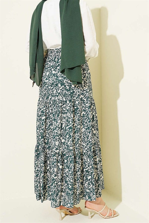 Patterned Layered Viscose Skirt Green