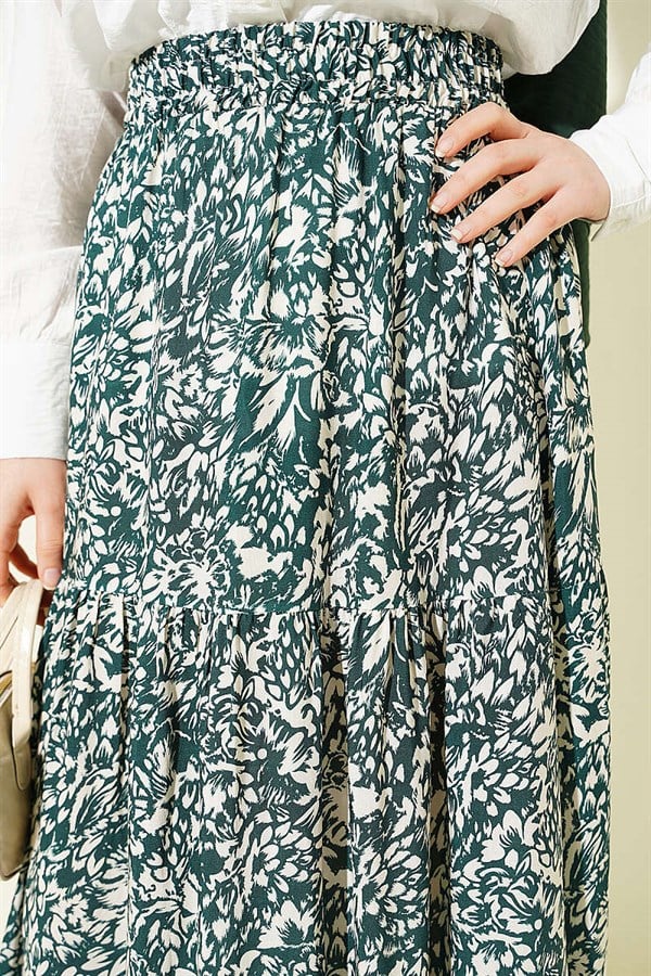 Patterned Layered Viscose Skirt Green