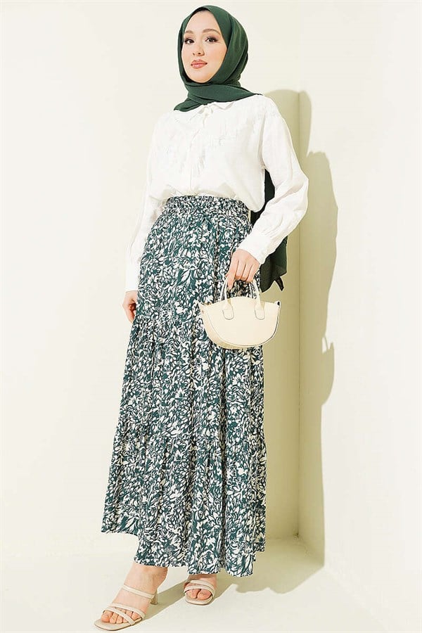 Patterned Layered Viscose Skirt Green