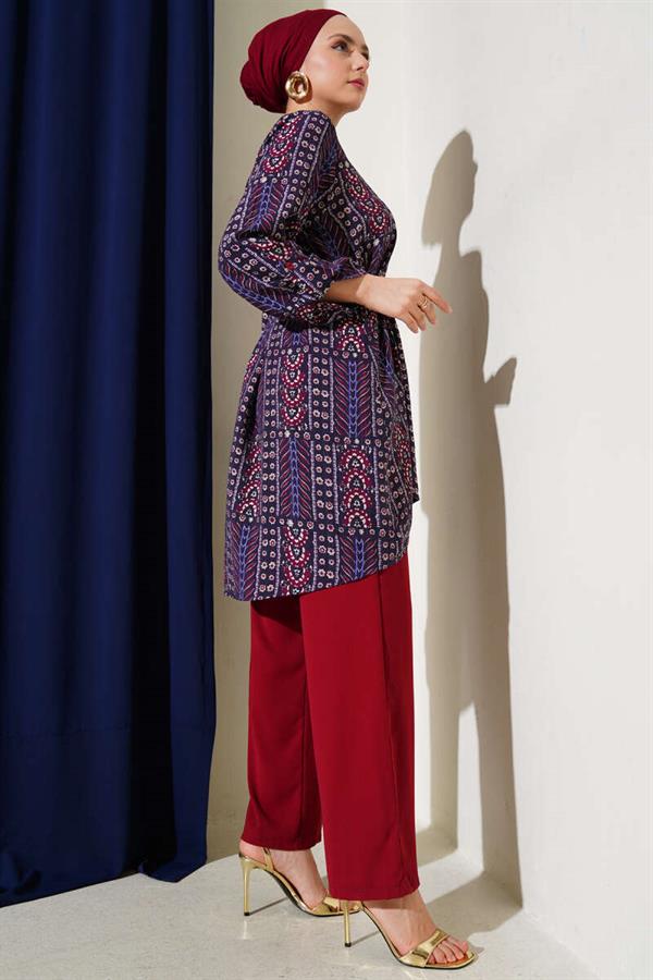 Patterned Belted Tunic 2 Piece Set Plum