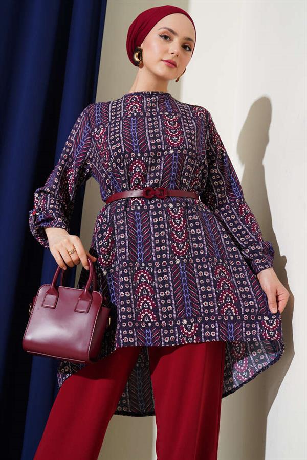 Patterned Belted Tunic 2 Piece Set Plum