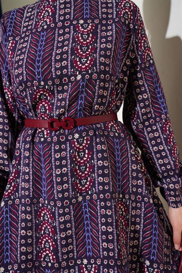 Patterned Belted Tunic 2 Piece Set Plum