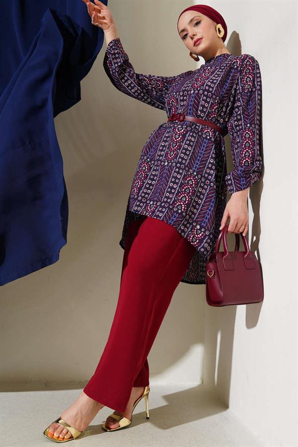 Patterned Belted Tunic 2 Piece Set Plum