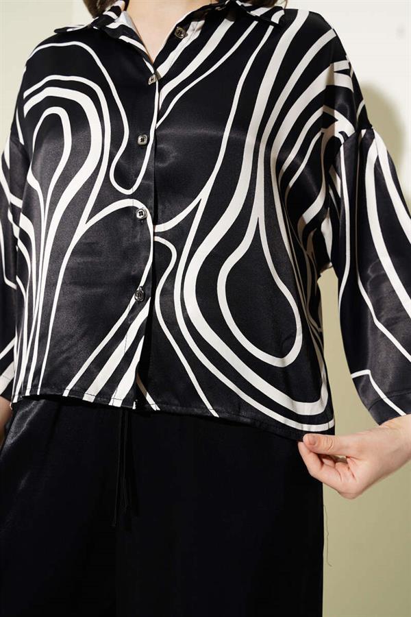Patterned Short Shirt Satin 2 Piece Set Black