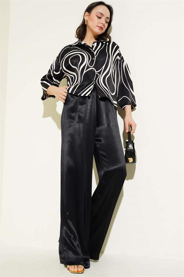 Patterned Short Shirt Satin 2 Piece Set Black