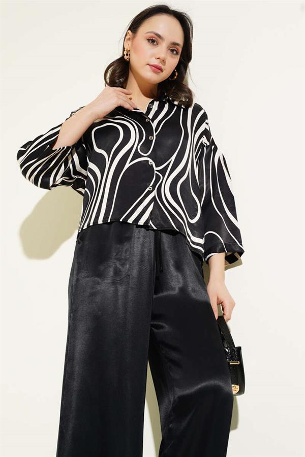 Patterned Short Shirt Satin 2 Piece Set Black