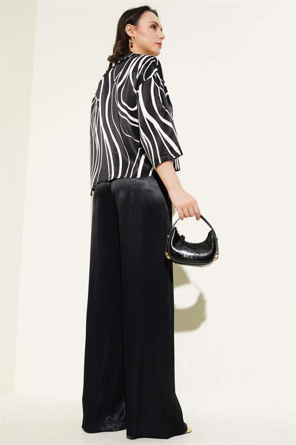 Patterned Short Shirt Satin 2 Piece Set Black