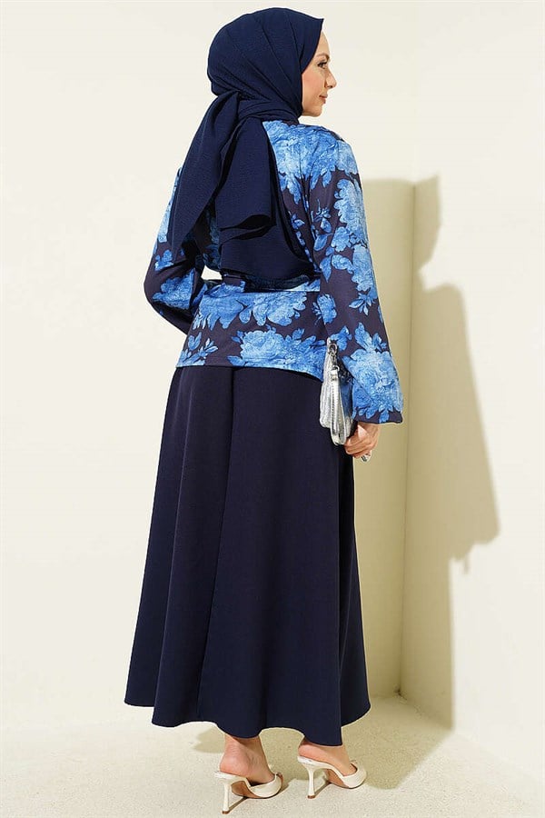 Patterned Belted Double Skirt 2 Piece Set in Navy Blue