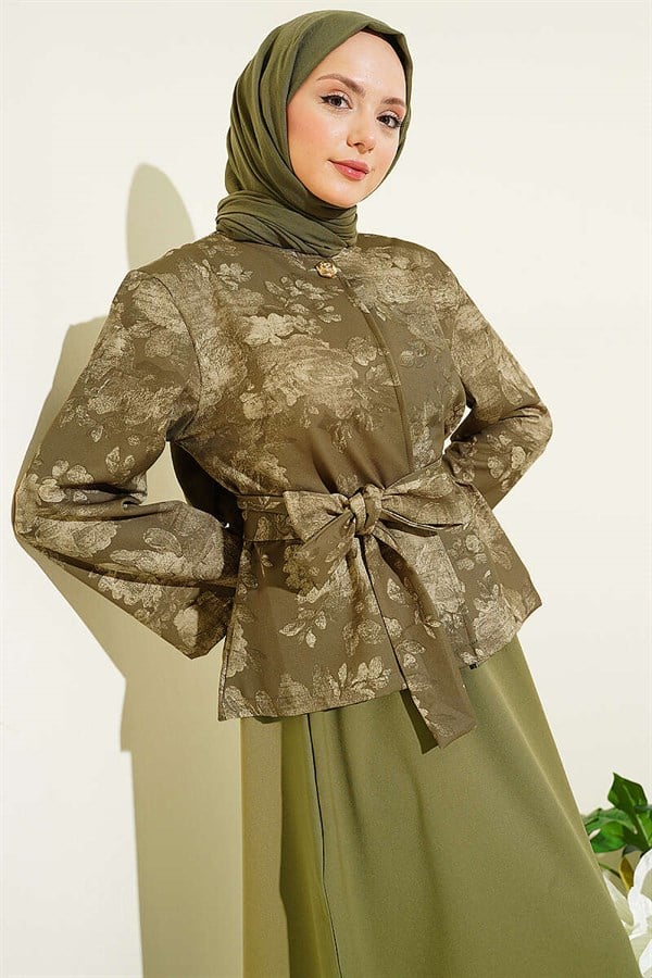Patterned Belted Double Skirt 2 Piece Set in Khaki