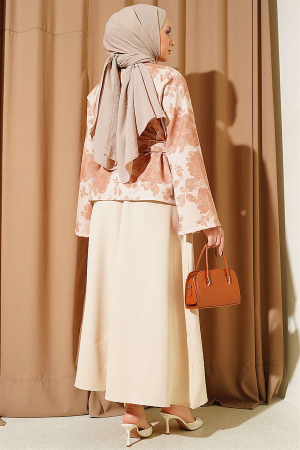 Patterned Belted Double Skirt 2 Piece Set in Beige