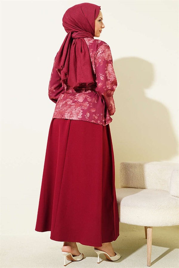 Patterned Belted Double Skirt 2 Piece Set in Burgundy