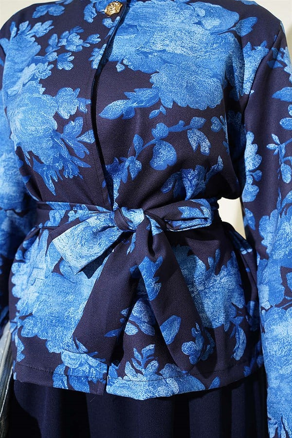 Patterned Belted Double Skirt 2 Piece Set in Navy Blue