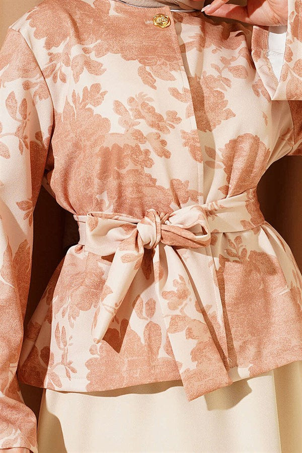 Patterned Belted Double Skirt 2 Piece Set in Beige