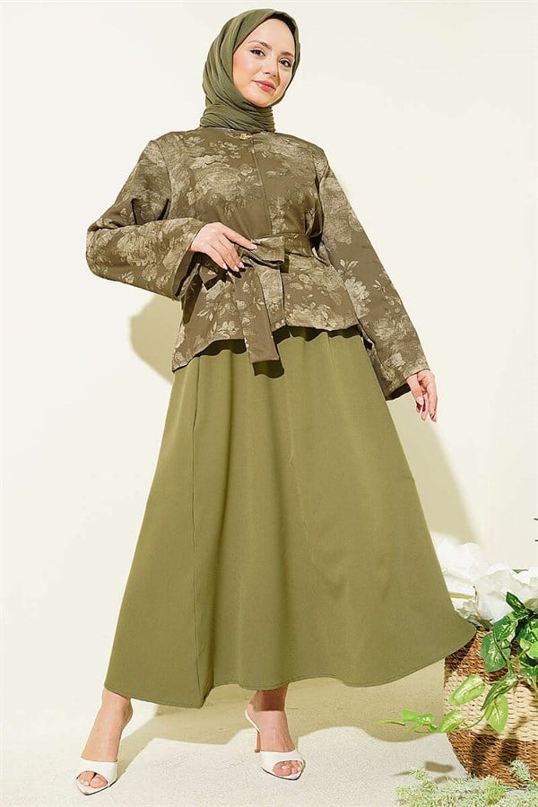 Patterned Belted Double Skirt 2 Piece Set in Khaki