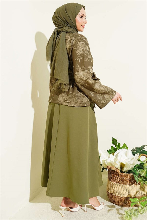 Patterned Belted Double Skirt 2 Piece Set in Khaki