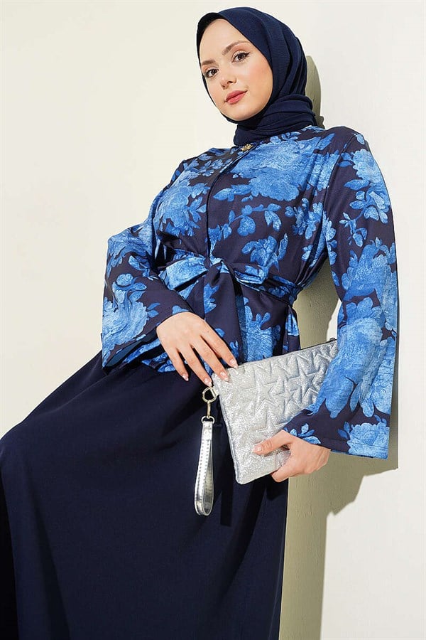 Patterned Belted Double Skirt 2 Piece Set in Navy Blue