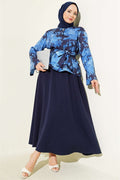 Patterned Belted Double Skirt 2 Piece Set in Navy Blue