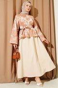 Patterned Belted Double Skirt 2 Piece Set in Beige