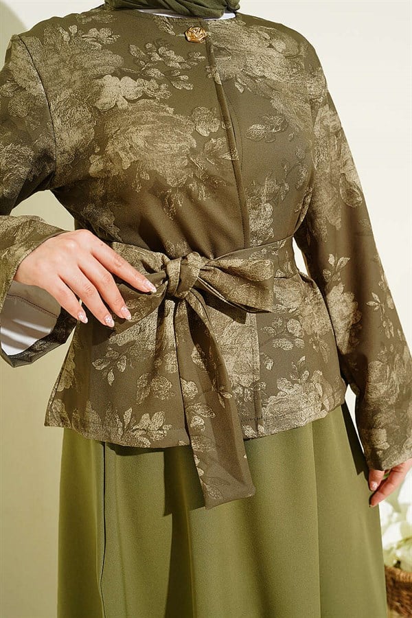 Patterned Belted Double Skirt 2 Piece Set in Khaki