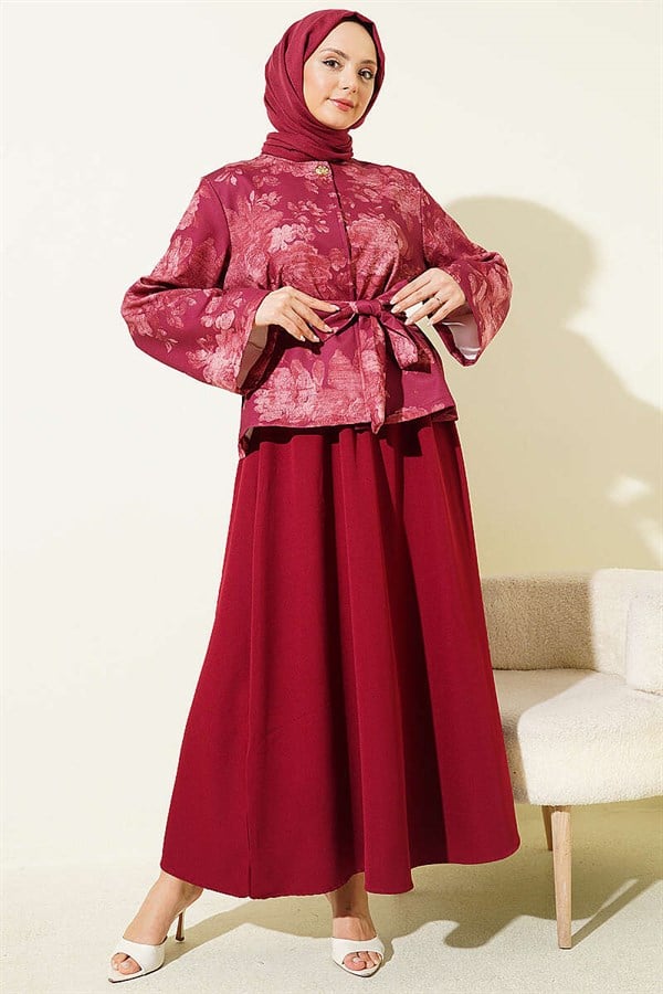 Patterned Belted Double Skirt 2 Piece Set in Burgundy