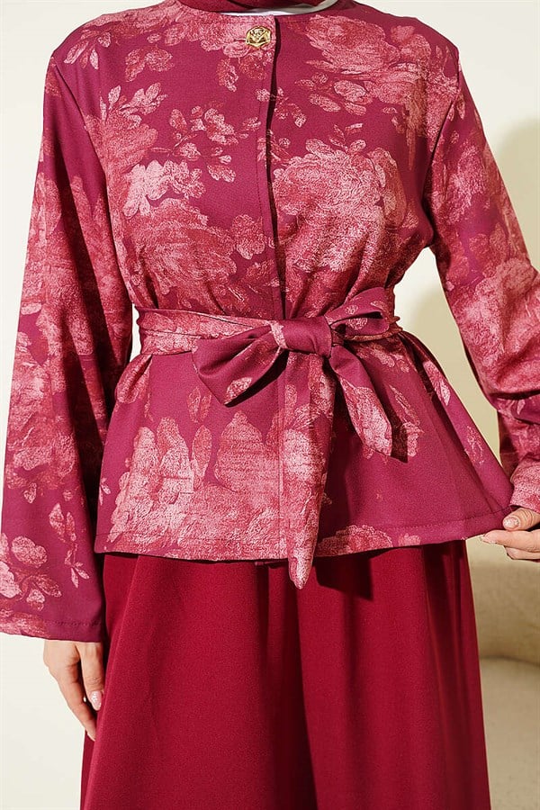 Patterned Belted Double Skirt 2 Piece Set in Burgundy