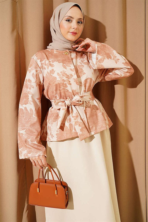 Patterned Belted Double Skirt 2 Piece Set in Beige