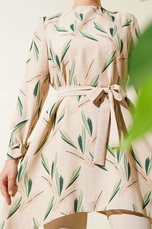 Patterned Belted Tunic 2 Piece Set Green