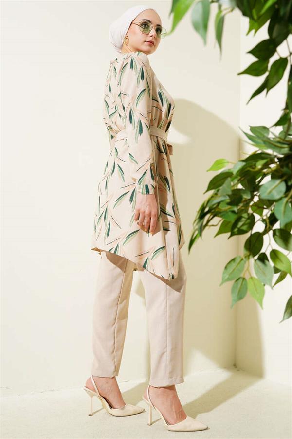 Patterned Belted Tunic 2 Piece Set Green