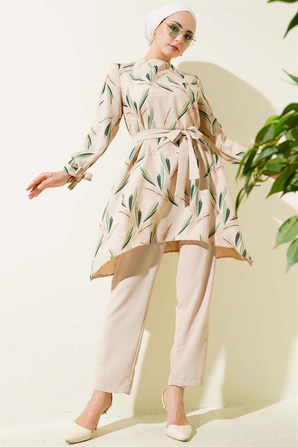 Patterned Belted Tunic 2 Piece Set Green