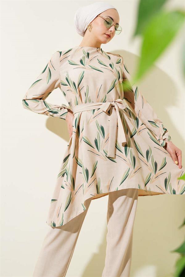 Patterned Belted Tunic 2 Piece Set Green