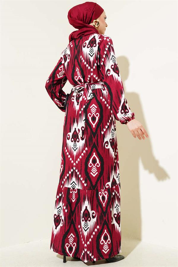 Patterned Belted Flounce Dress, Burgundy