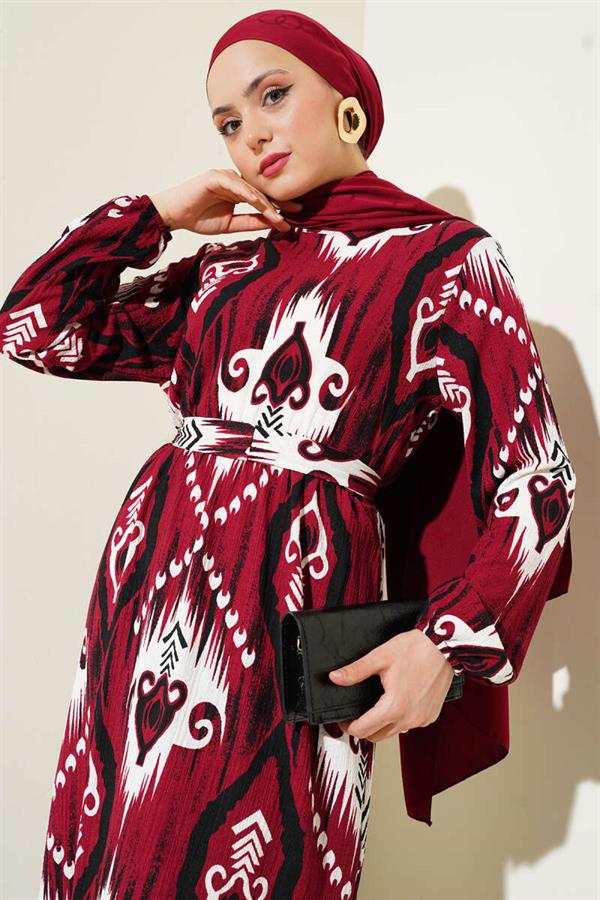 Patterned Belted Flounce Dress, Burgundy