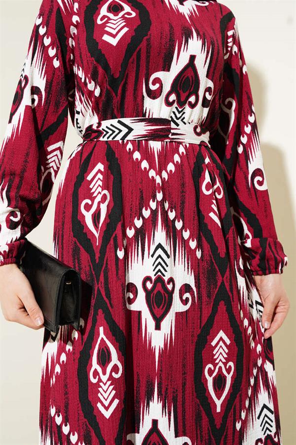 Patterned Belted Flounce Dress, Burgundy