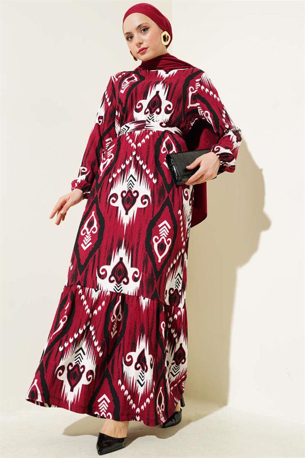 Patterned Belted Flounce Dress, Burgundy