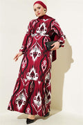 Patterned Belted Flounce Dress, Burgundy